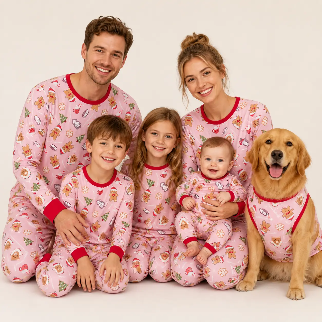 Matching Family Christmas Pyjama Sets, Cute Gingerbread Tree Print Crew Neck Top and Jogger Pants, Soft Cosy Sleepwear Loungewear for Mum Dad Kids Toddler Baby Pet Dog
