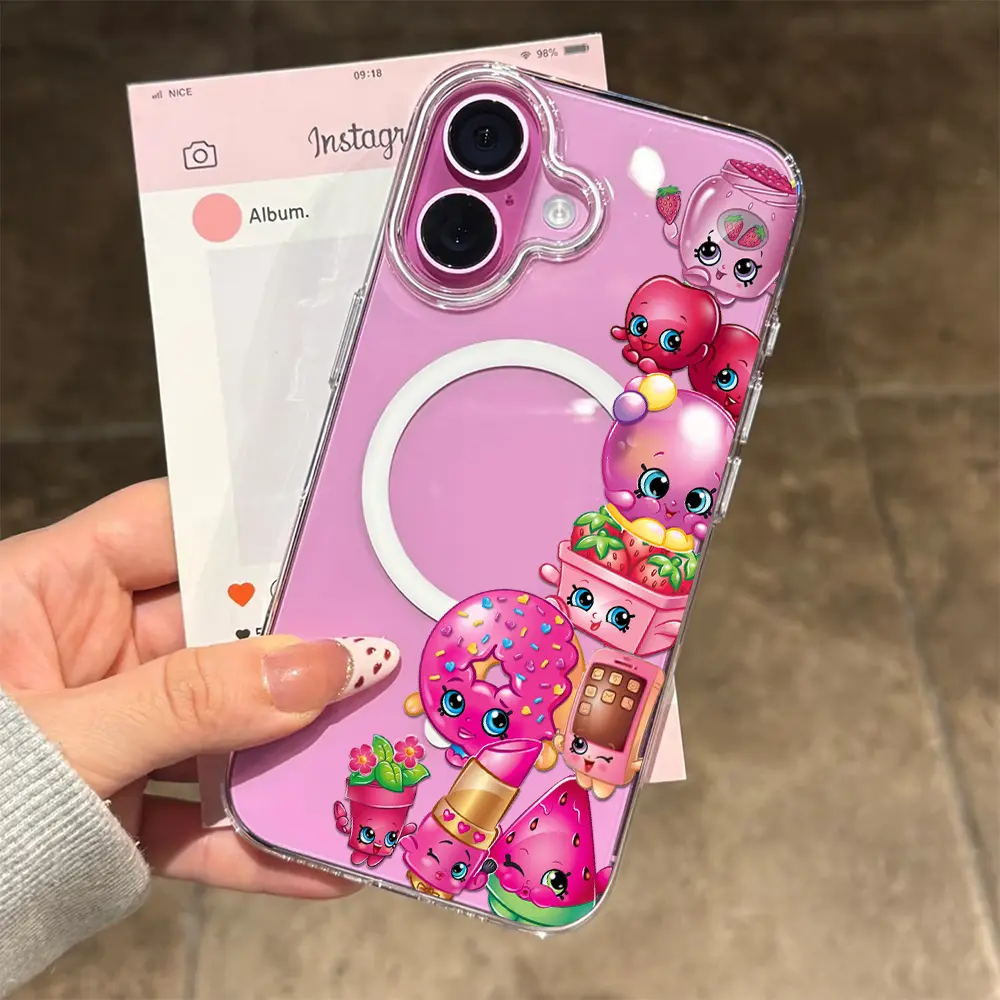 Shopkins-print Magnetic phone case for iPhone 18/17/16/15/14/13/12/11 Xs Pro Max Plus AIR,Compatible MagSafe, New pink for Samsung S26/S22/S23/S24/S25/NOTE20/PLUS/ULTRA/FE/A56/A54/A36/A35/A16/A15,Transparent shockproof protective cover cute gift for girl