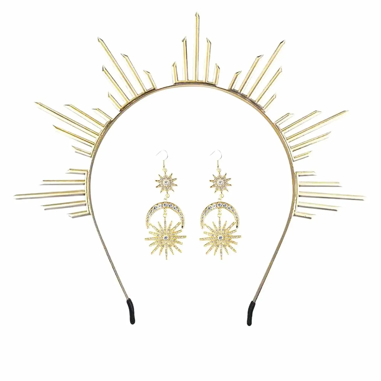 3 count Adult Costume Halo Crown  Sun Headpiece Goddess Tiara Bridal Headband  Festival Party Accessory with Earrings
