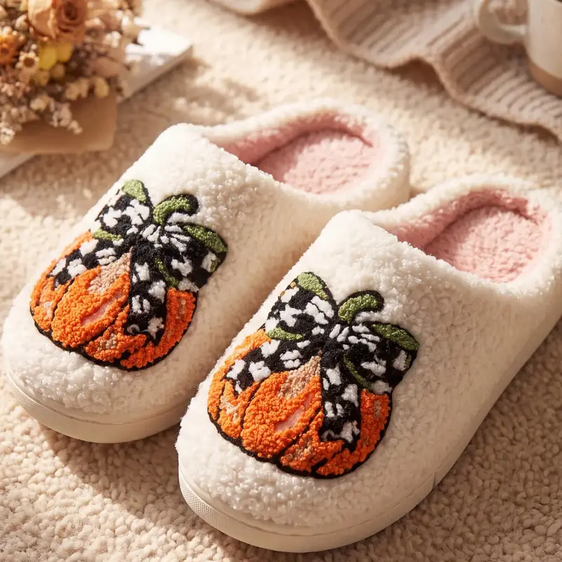 Women's Autumn Pumpkin & Bow Embroidered Slippers, Home Slippers, Plush Textile Material, Indoor Shoes, Soft Lining, Non-Slip Sole, Halloween & Thanksgiving Themed Footwear