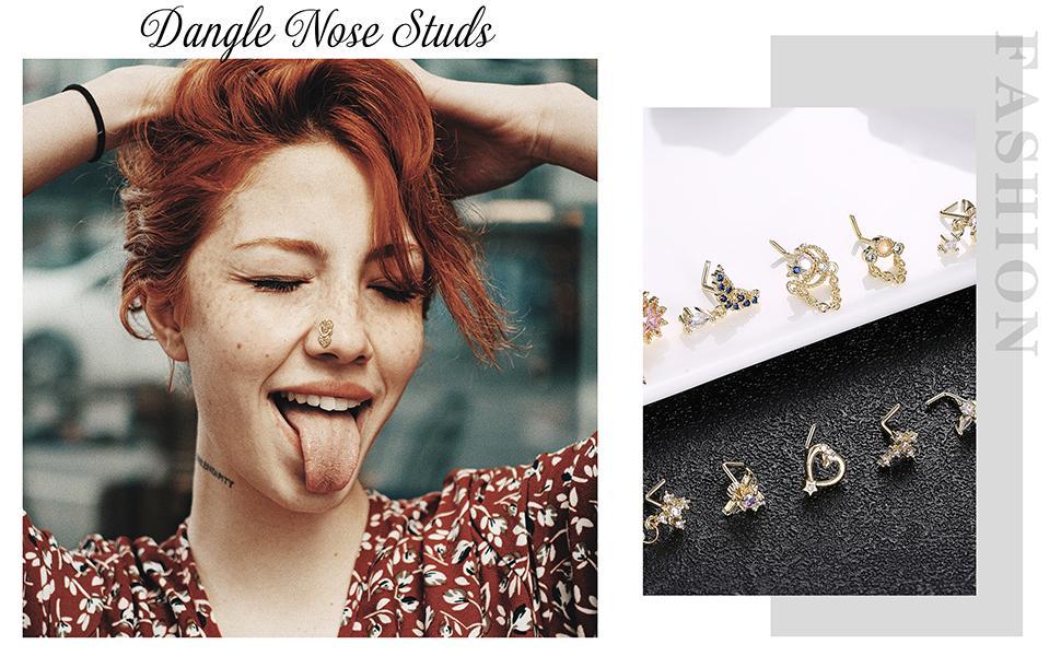 Jstyle 12 PCS 20G Nose Ring Dangle Nose Ring Nose Rings L Shaped Screw Studs Nose Rings Nose Studs For Women Stainless Steel CZ Heart Nose Ring Star Nose Piercing Daily