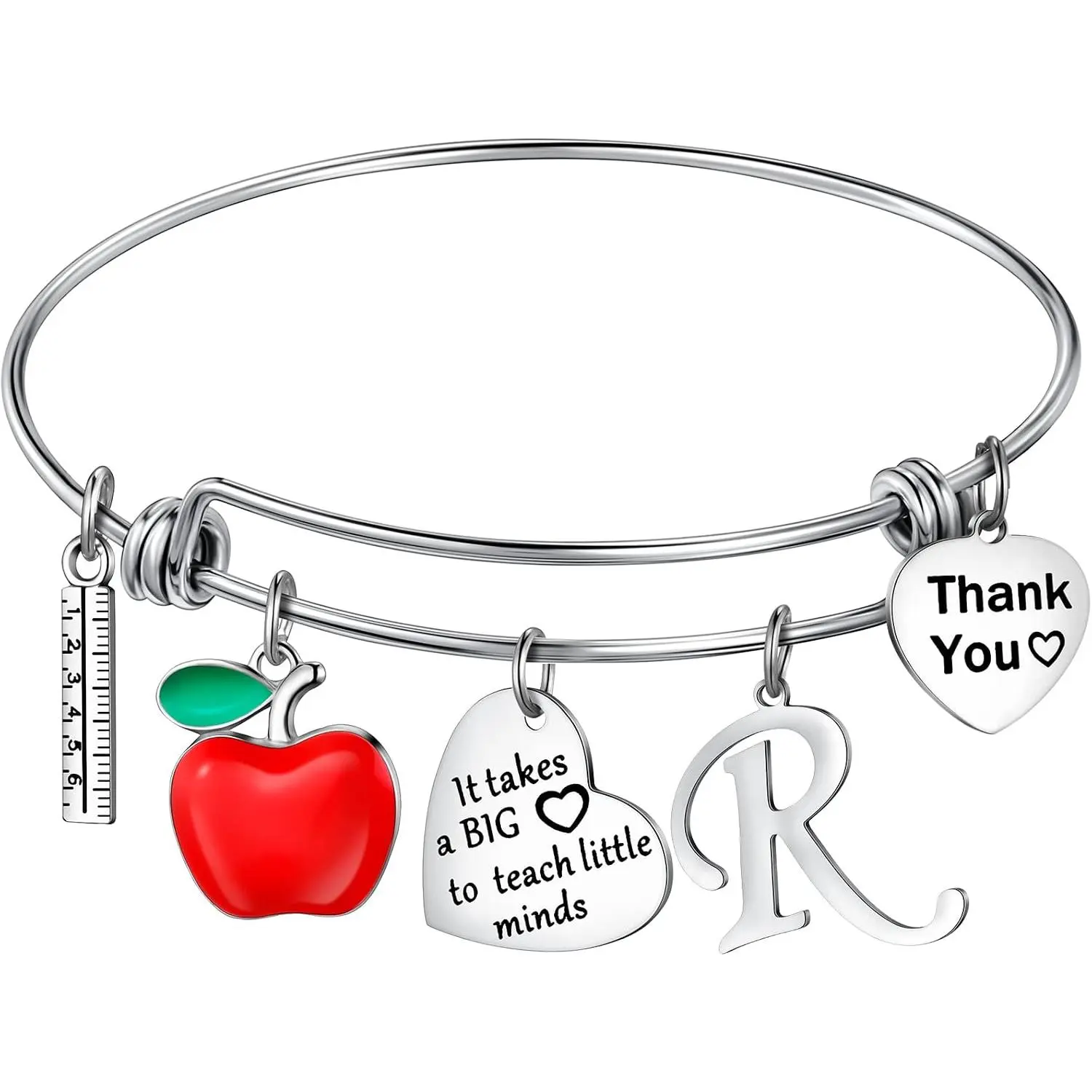Teacher Bracelet Adjustable Bangle   Init |  to School Gifts for Women, Thank You Heart , Teach Little Minds Engraved Pendant, Ruler Decoration for Appreciation