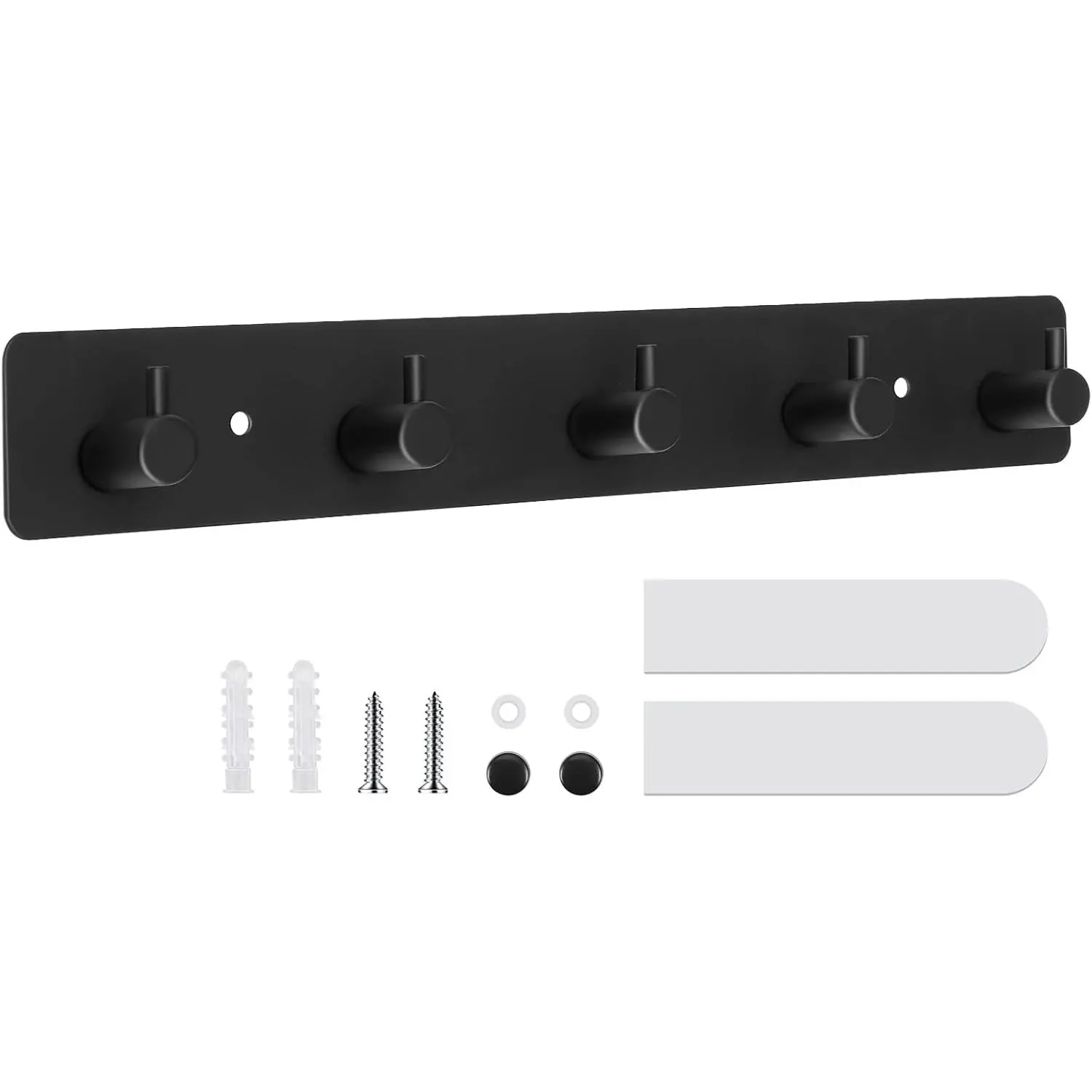 Wall Mount Coat Rack, 5-Hook Metal Towel and Hat Hook, Black | Adhesive Or Screw Mount, Rounded Smooth Hooks, Sturdy Metal, For Towels, Coats, Hats, Bags