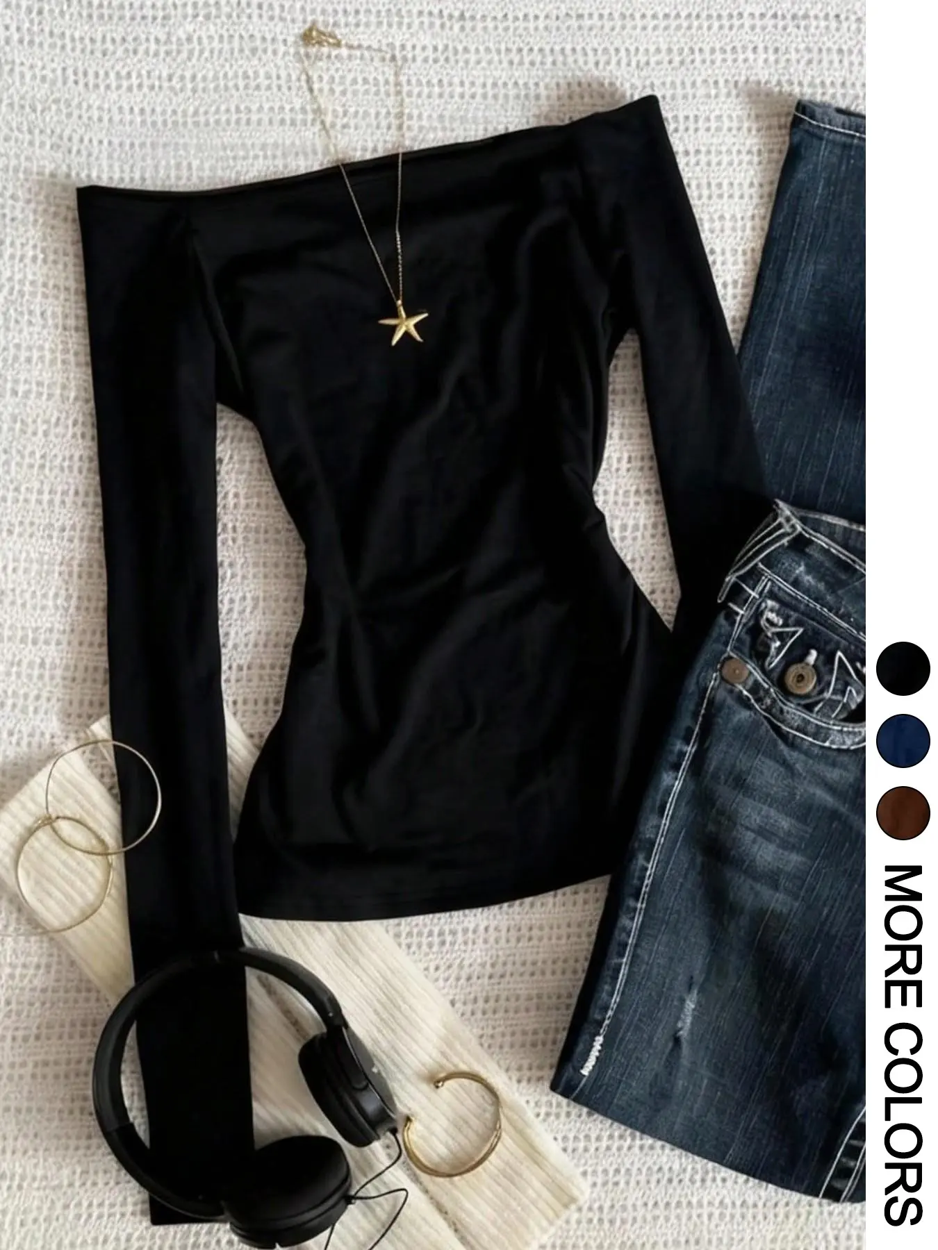 1Pcs Off-the-shoulder Long Sleeve Top for Women, Solid Black Anti-slip Neckline, Stretchy Form-fitting, Minimalist Casual Style