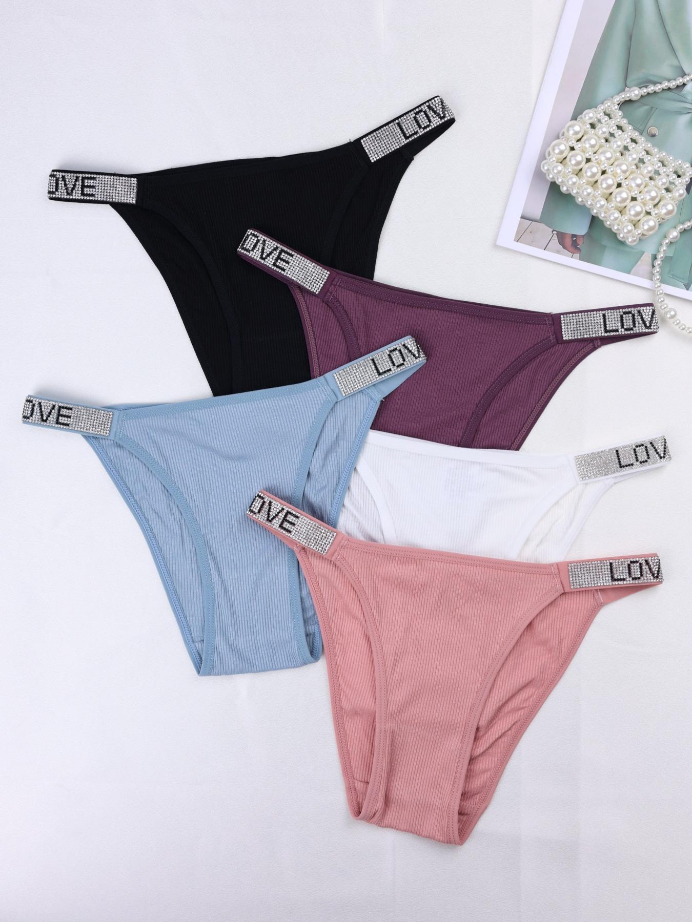 Women's 5pcs Letter Rhinestone Decor High Cut Knicker, Casual Comfy Breathable Drop Waist Panty for Daily Wear, Ladies Underwear for All Seasons, Underwear for Women, Summer Wear 2024