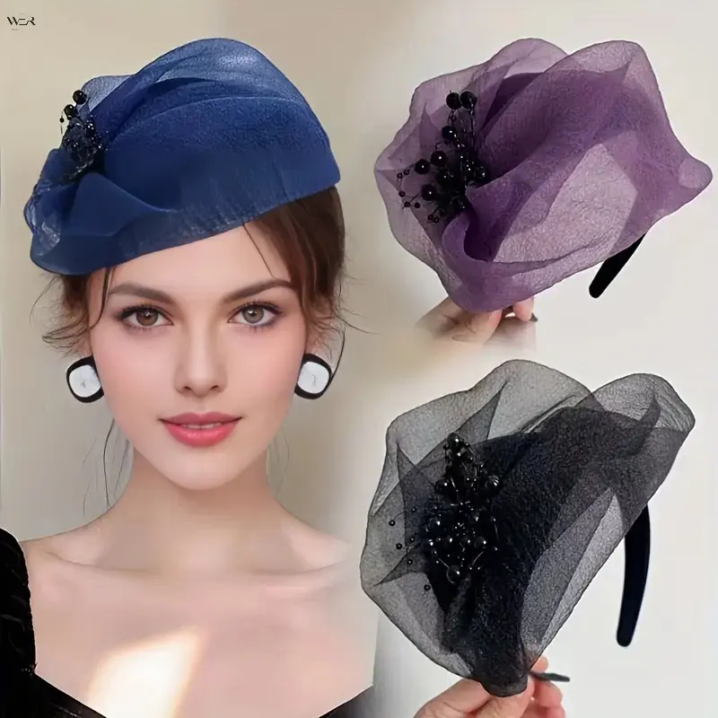 Vintage Organza Mesh Fascinator Headband 12*14cm, Beaded Pearl Embellished Sheer Tulle Hair Hoop in 4 Colors, Elegant Tea Party Wedding Formal Dress Hair Accessory