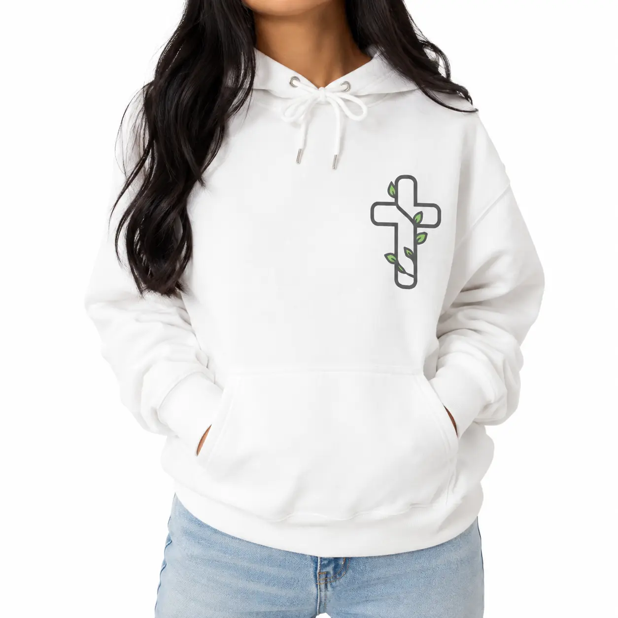 Christian Cross Hoodie, Minimal Faith Graphic Sweatshirt, Vine Cross Pullover, Oversized Religious Crewneck