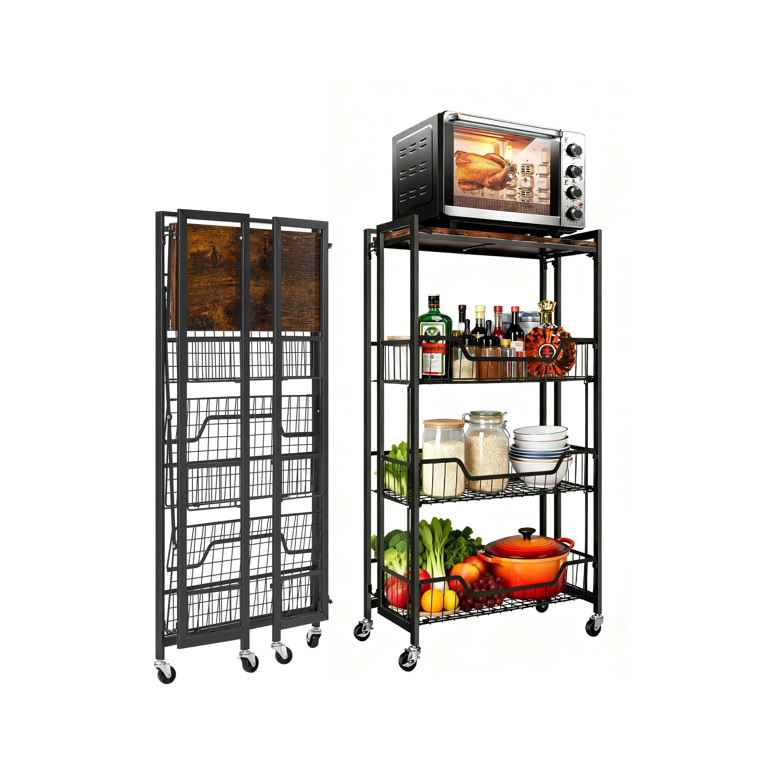 GARVEE 4-Tier Metal Storage Cart, Large Foldable Organizer with Lockable Wheels, 100-Lb Load Capacity, Expandable Rack for Kitchen & Garage, Durable & Easy to Fold