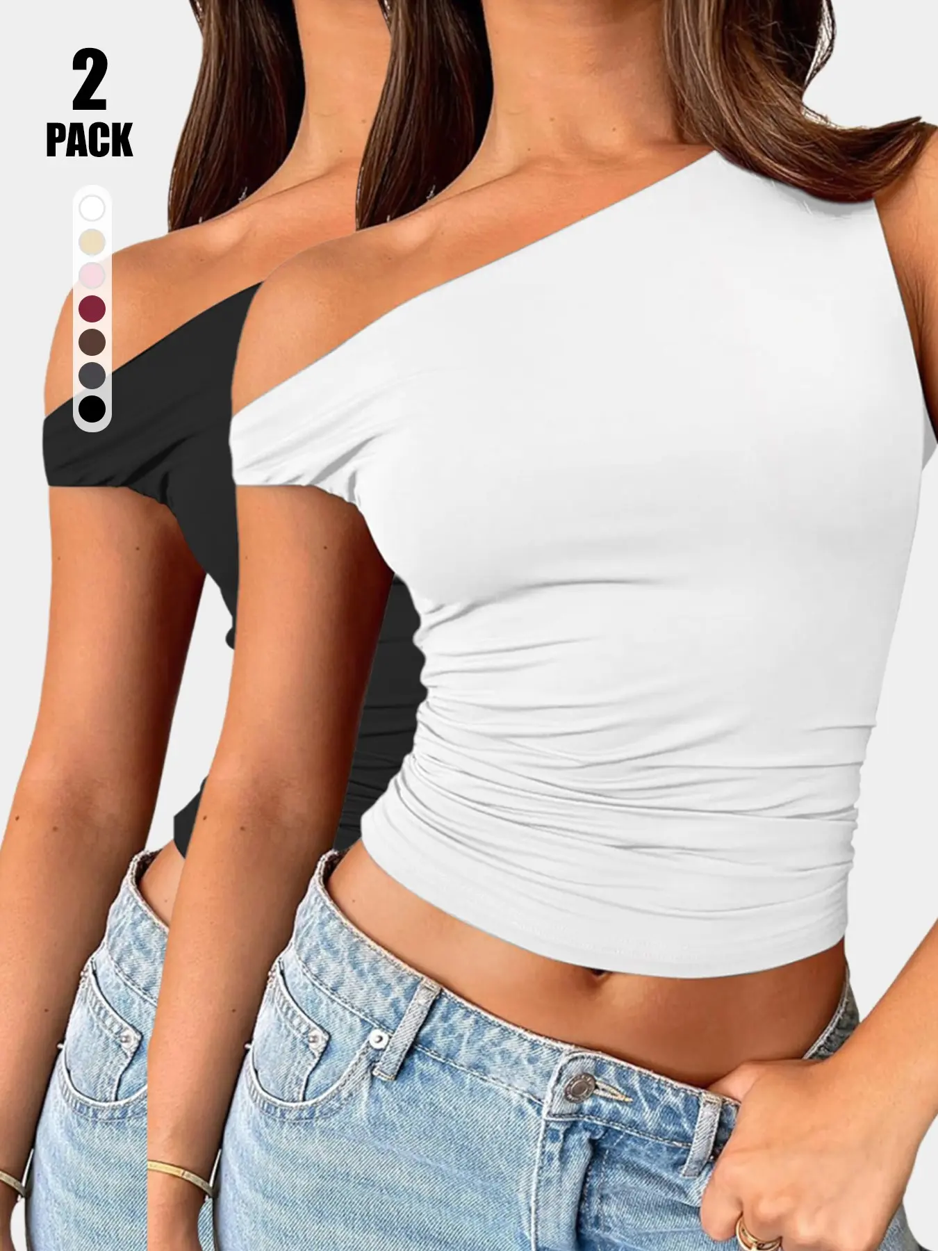 2026 New Trend Women Asymmetrical One Shoulder Fitted Tank Blouse, Side Ruched Slim Sleeveless Off Shoulder Crop Top, Soft Stretch Modal Knit Solid Elegant Y2K Shirt for Club Date Daily Going Out, All Season