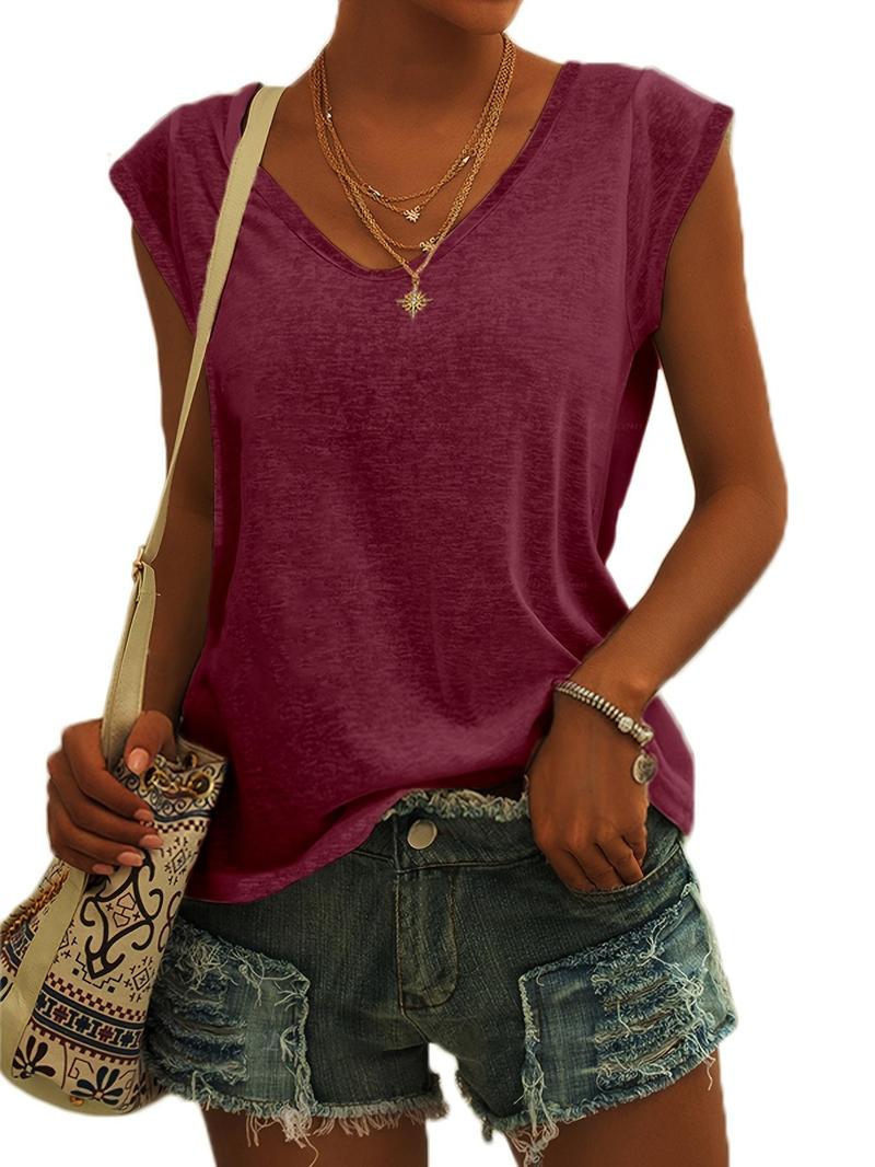 Women's Plain V Neck Short Sleeve Tee, Casual Minimalist Solid Cap Sleeve T-Shirt for Summer, Summer Outfits 2024, Women's Top for Daily Wear
