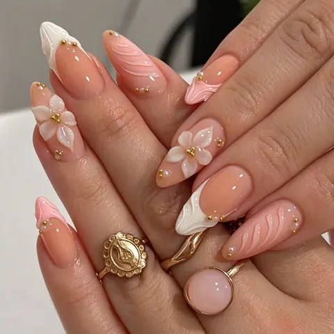 24pcs Medium Almond Press on Nails, Nude French 3D Flower False Nails, Beads, Glossy Acrylic Tips, Elegant Manicure, Decorative Nails