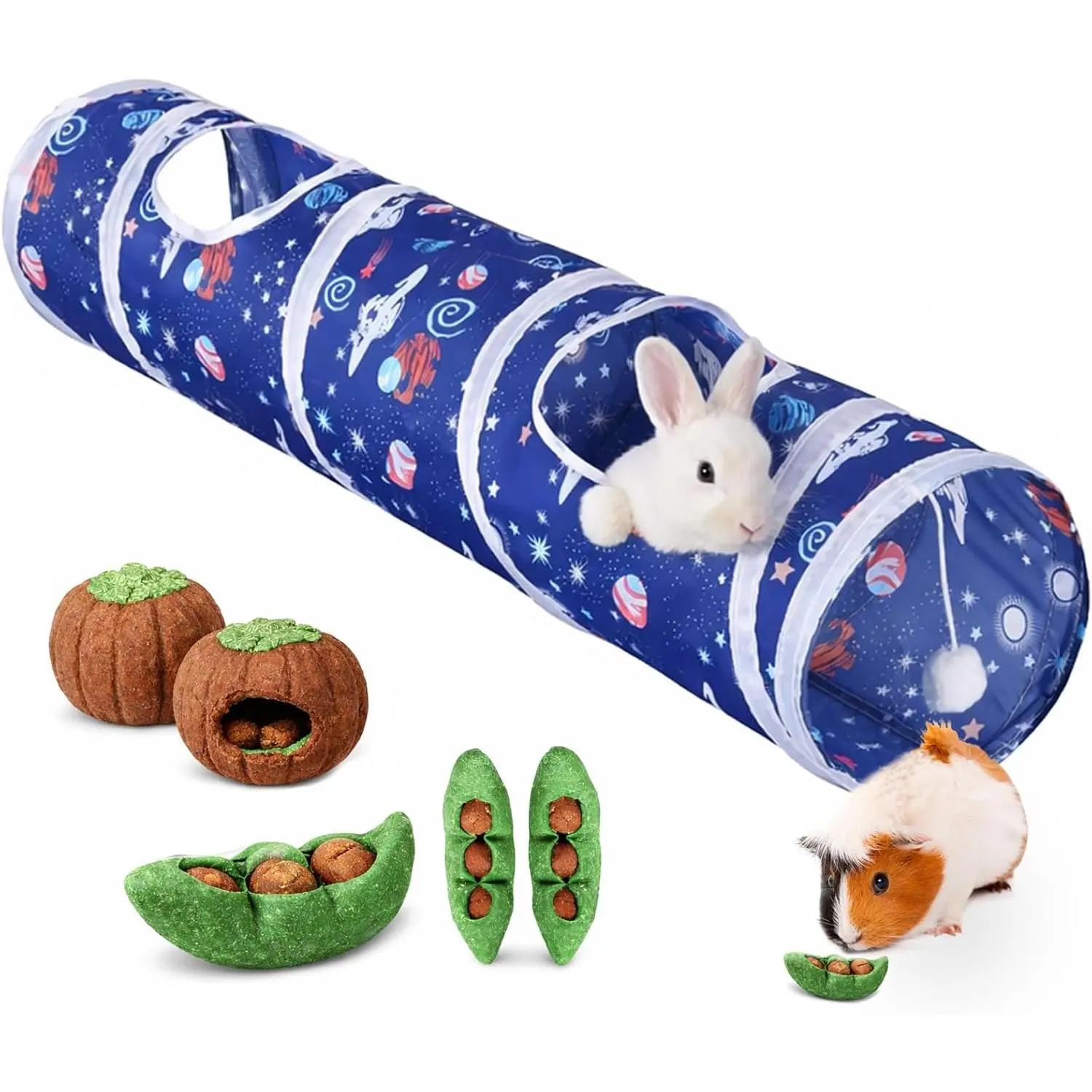 Nylon Collapsible Bunny Tunnel & Toys Set - Sturdy Chew & Hide, Breathable Mesh, Cozy Hiding Spot, Safe Play for Rabbits - Small Animal Supplies