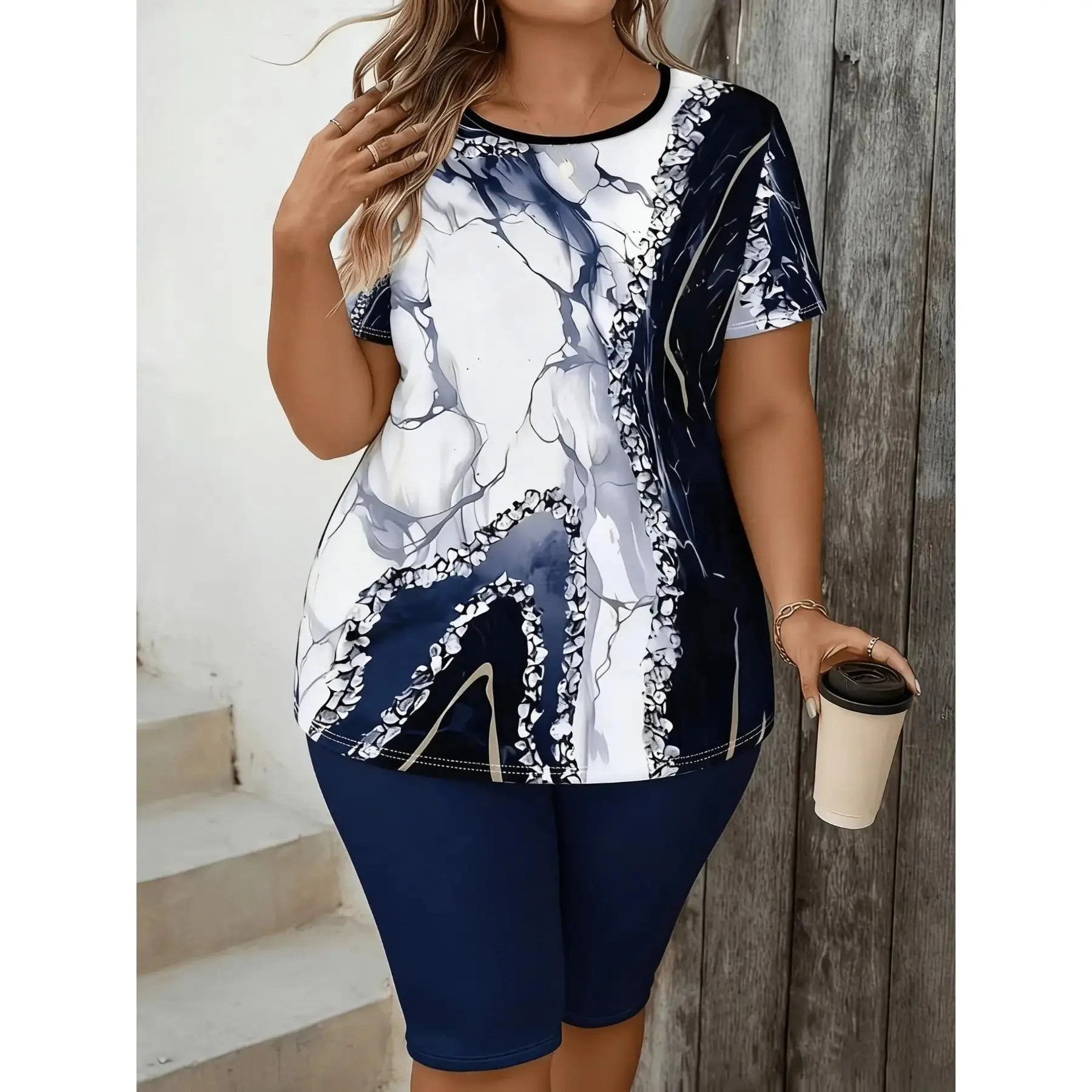 Fashion Marble Print Two-Piece Streetwear Set Womenswear Plus Size Casual Short-Sleeve Top & Capri Leggings Outfit, Y2K Clothes Summer Daily Wear, Comfortable Relaxed Fit Casual Sets, Stylish Abstract Pattern Detail Party Outfits