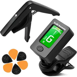 Guitar Tuner and Capo Set – Clip  Chromatic Guitar Tuner with LCD Display &  Guitar Capo & Picks –  Accurate Tuning for Acoustic Electric Guitar, Bass, Ukulele, Violin (JTCP-01)