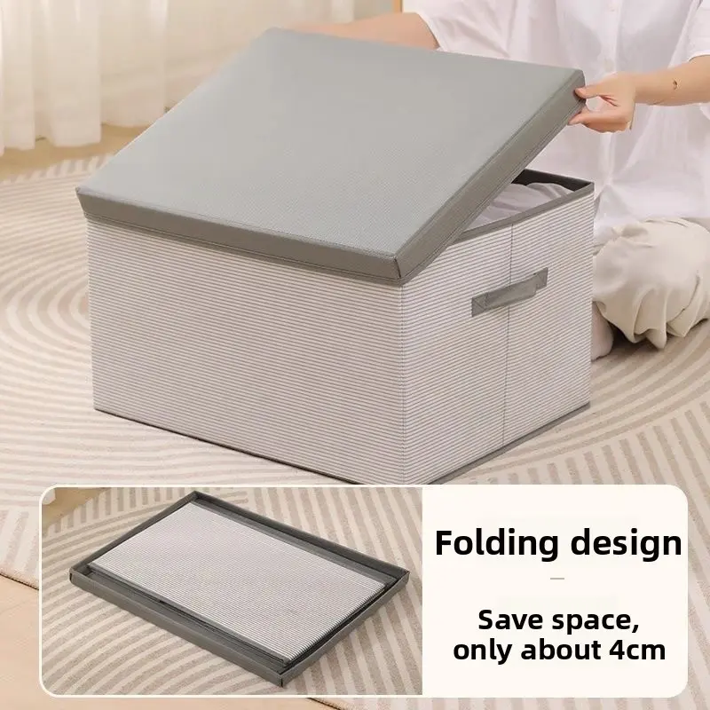 2pcs PLarge Fabric Storage Box with Lid, Foldable Clothes Organizer Bins, Striped Blanket Storage Chest, Collapsible Wardrobe Container with Handles, Space Saving Closet Organize, Under-Bed Storage