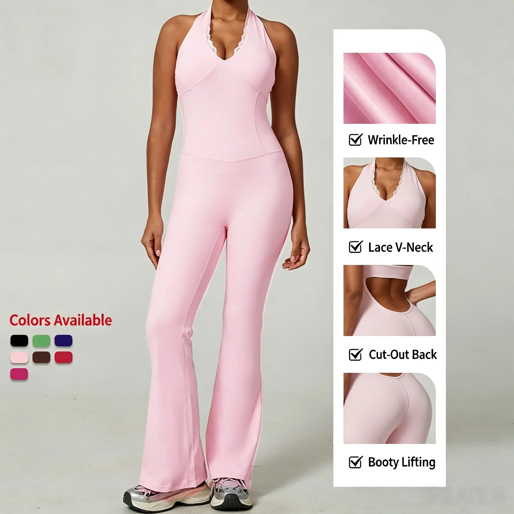 Women’s Halter Lace V-Neck Yoga Jumpsuit with Built-in Bra, Cutout Back Contour Fit Flare Leg One Piece Bodysuit, Wrinkle Resistant Stretch Activewear for Gym Pilates Daily Casual Wear