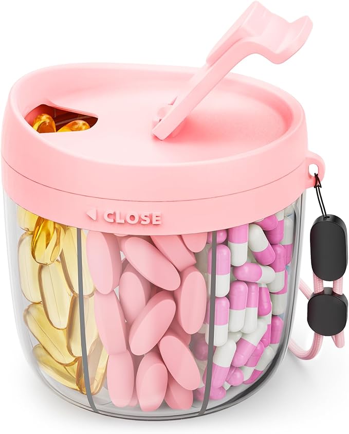 Cute Pill Dispenser with 7 Large Compartments, Portable Pill Bottle Organizer with Wide Opening for Easy Use, Anti-Mix Pill Organizer for Travel, BPA-Free Pill Container, Pink Healthcare Organizer with Times a Day Weekly stick-on label Capsule