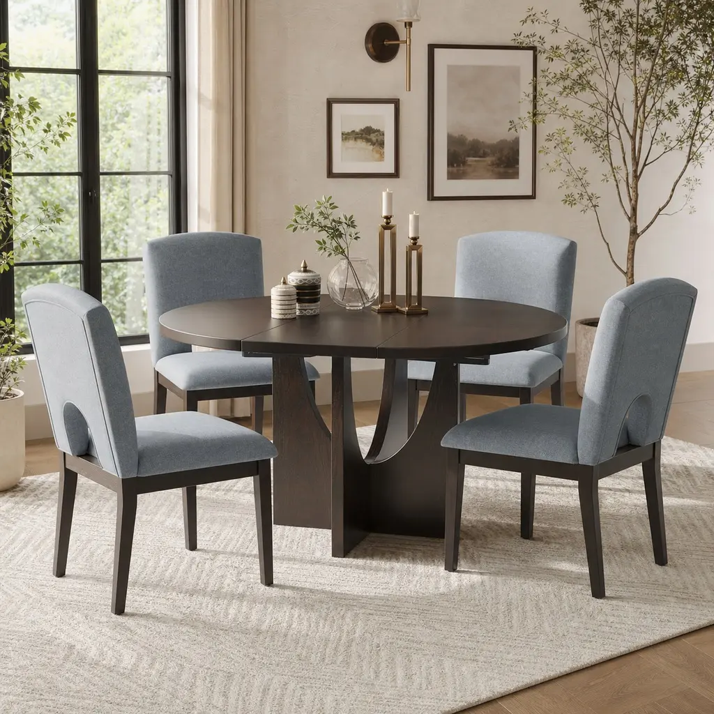 Espresso ARCH 5-Piece Round Dining Table Set - 16.2in Removable Leaf Extendable Pedestal Table, 4 Upholstered Solid Rubberwood Chairs - Small Space Contemporary Indoor Furniture Set (Seats 4), Chairs Dining Table