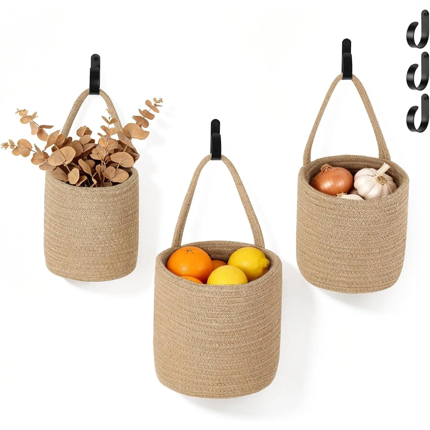 Dahey Hanging Wall Baskets for Kitchen 3 Pack Woven Basket for Fruit Plant Organizing 3 Sizes Farmhouse Rustic Boho Bathroom Storage Organizer for Living Room Bedroom Entryway Home Decor, Brown