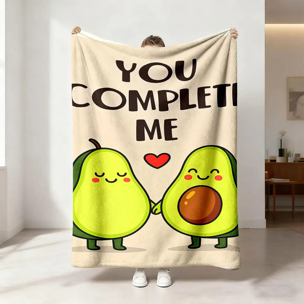 A YOU COMPLETE ME avocado-themed cartoon heart-shaped fleece blanket that's soft, warm, and versatile. It's perfect for sofa bed covers, office nap blankets, outdoor camping blankets, and all-season gifts.
