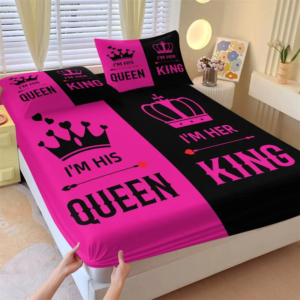 His Queen Her King Print Fitted Sheet Set (1 Fitted Sheet + 2 Pillowcases) Romantic Couples Bed Sheets Set Soft Breathable Bedding Set for Bedroom Anniversary Gift