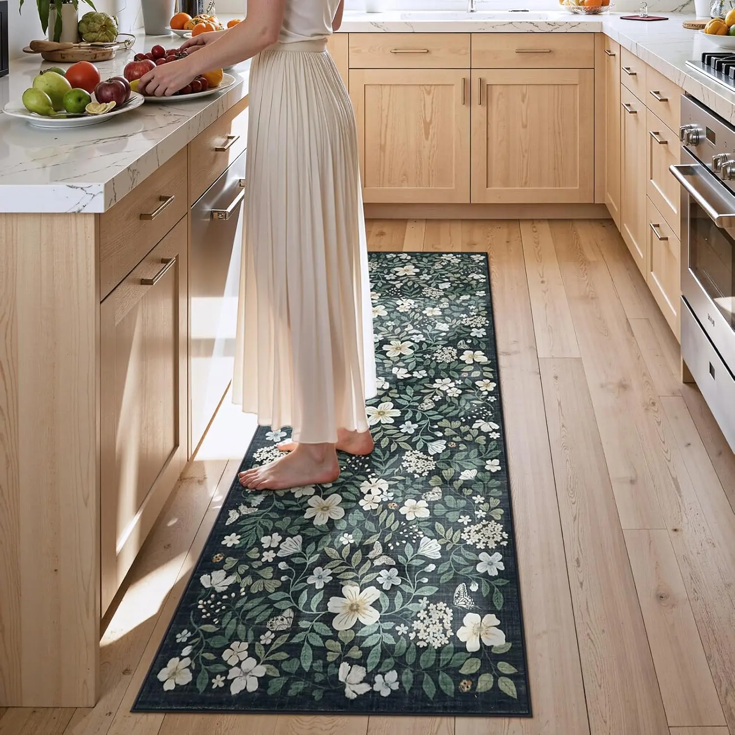 Lahome Black Floral Rug Runners 2x6, Washable Soft Boho Kitchen Runner Rug, Non Slip Low Pile Hallway Runner Indoor Flower Carpet for Hallways Bedroom Laundry Entryway Use(Black,2X6