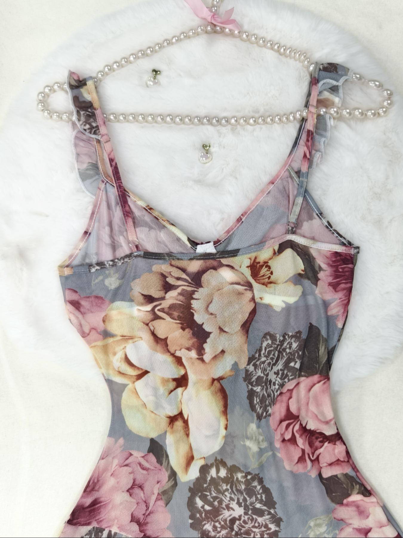 Women's Floral Print Cami Nightdress, Sexy Comfy Breathable Spaghetti Strap Nightgown for Women, Women's Sleepwear for Summer, Loungewear, Womenswear, Nightdress Pj