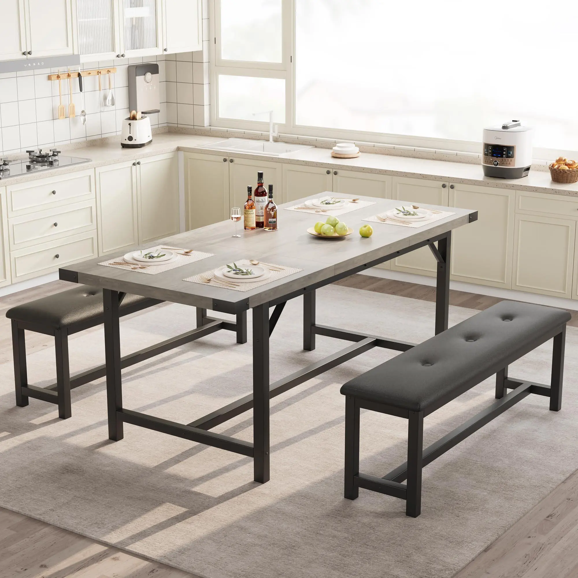 GARVEE 3 Piece Dining Table Set for 4-6, 63" Extendable Kitchen Table and Bench Set for 6, Metal Frame Rectangle Kitchen Table Set with 2 Upholstered Benches for Dining Room, Apartment, Retro Gray