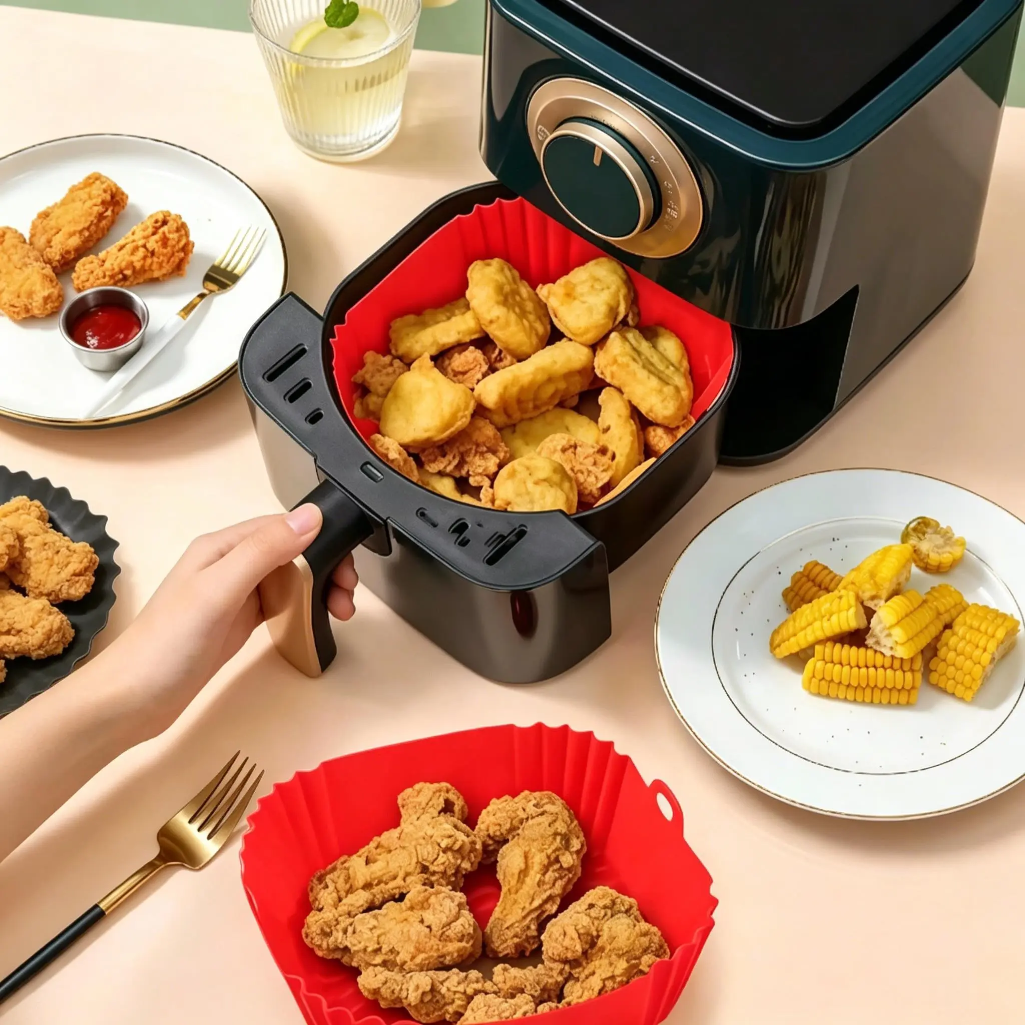 Reusable Non-Stick Silicone Air Fryer Liner, Air Fryer Accessories, Food Safe, Easy Clean, High Temp Resistant, Foldable, Multi-Color, Ideal for Baking & Cooking
