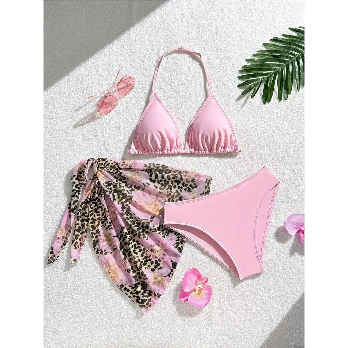 3-Piece Stretchy Bathing Suit Women Set with Leopard Floral Sarong, Elegant Pink Halter Bikini with High Cut Bottoms, Customizable Support for Pool Parties, Mid Rise, High Waisted, Halter Swim Top, Elastane, Adjustable Strap, Beach Festivals, Elongates Le