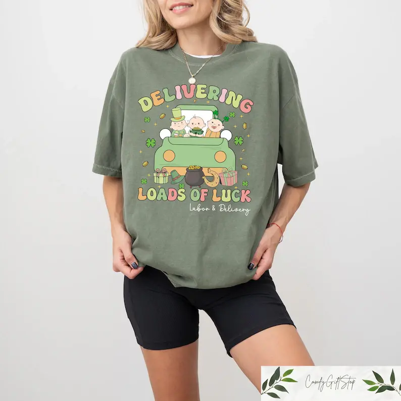 Delivering Loads Of Luck Labor & Delivery Nurse Graphic Oversized Comfort Cotton T Shirt, Cute St Patricks Day Fashion Outfit, Lucky Irish Gift For L&D Nurse Him Her Colleagues, Best Saint Patrick Holiday Present
