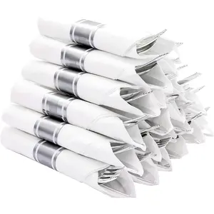 50 Pack Pre Rolled Silver Plastic Cutlery Set, 50 Forks, 50 Knives, 50 Spoons, 50 Napkins, Disposable Cutlery Set for Party and Wedding