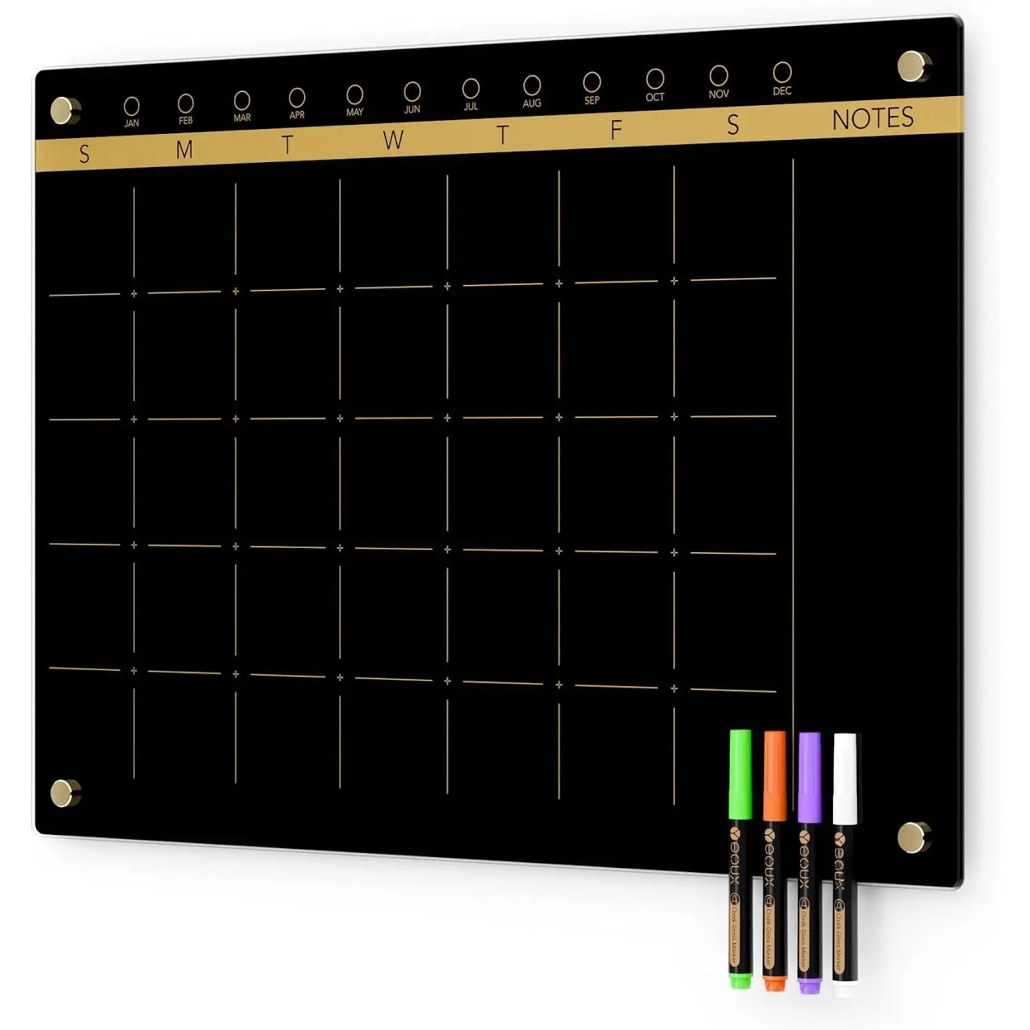 Black Glass Golden Monthly Dry Erase Calendar Whiteboard for Wall, 17" x 23", Frameless Large Planner White Board for  Kitchen Office, 4 Wet Erase Markers Included,