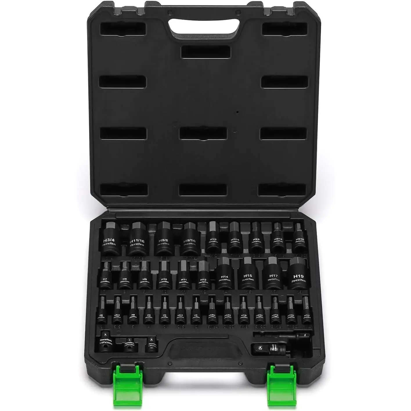 38 count Hex Bit Socket Set, 1/4", 3/8" and 1/2" Drive, SAE and Metric Allen Socket Bit, S2 and Cr-V Steel, S2 Steel, 5/64" - 3/4", 2mm - 19mm, Includes 5 count Socket Adapters