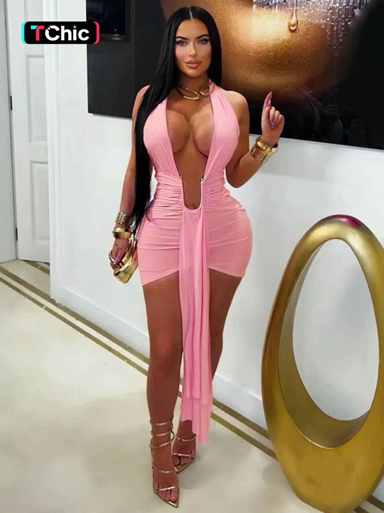 Women's Waist-Cropped V-Neck Halter Tie Dress, U-Shaped Metal Stomach Design, Perfect for Nightclubs, Music Festivals, Cocktail Parties, Bodycon Halter Dress