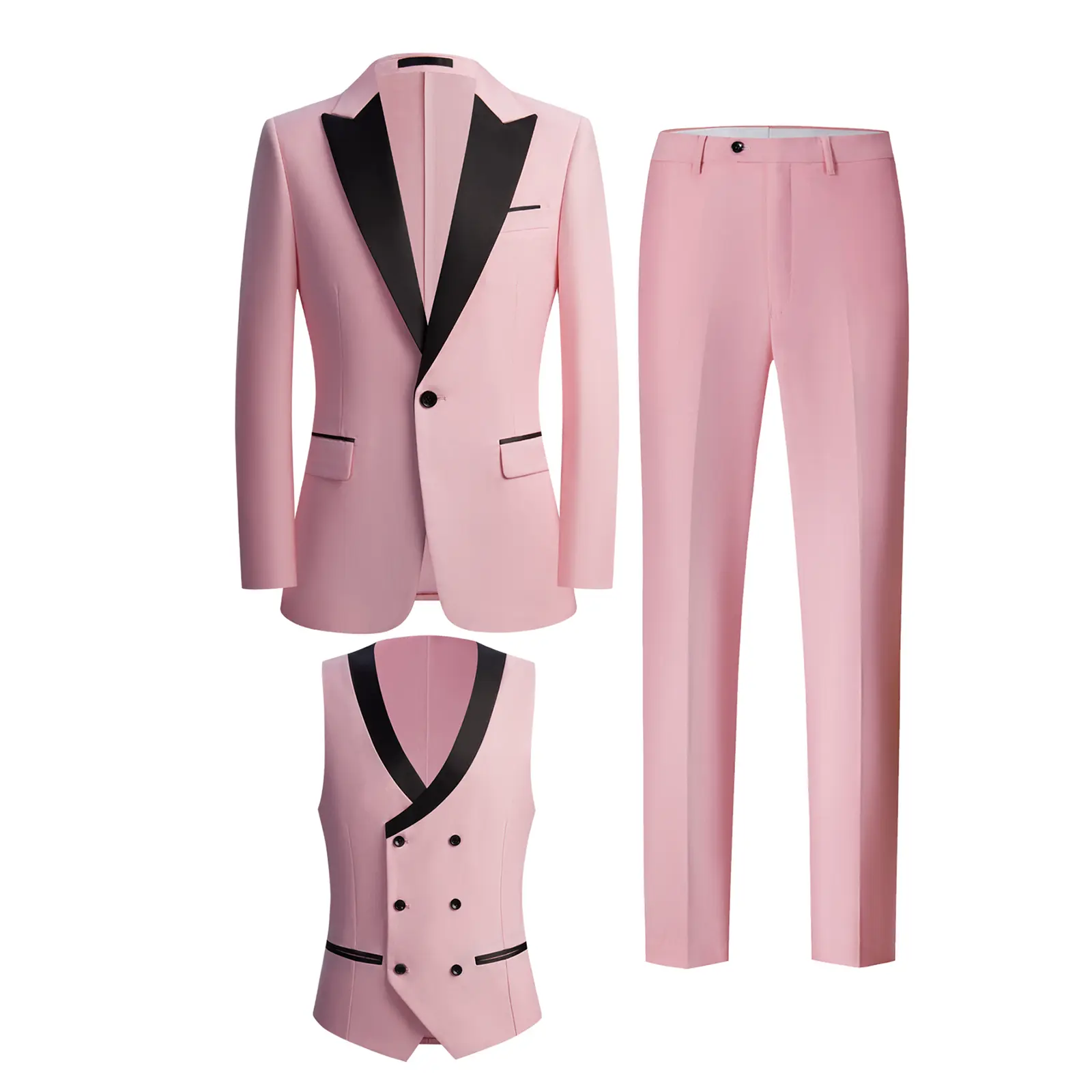Men's Peak Lapel 3-Piece Formal Suit Set - Fitted Polyester Long Wrinkle-Resistant Fabric Clothes, Chic Blazer, Vest, Split-Button Pants, Wedding & Interview Approved, Dry Cleaning Recommended, Plain Basics Formal Wear