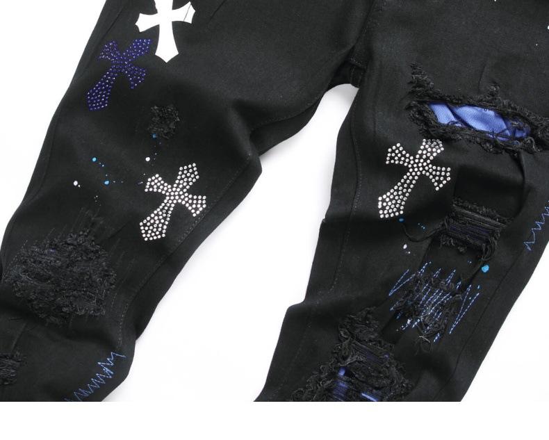 European and American High Street Black Cross Badge Rhinestone Distressed Jeans Men's Slim Fit Casual Long Pants Trendy Brand Streetwear Menswear