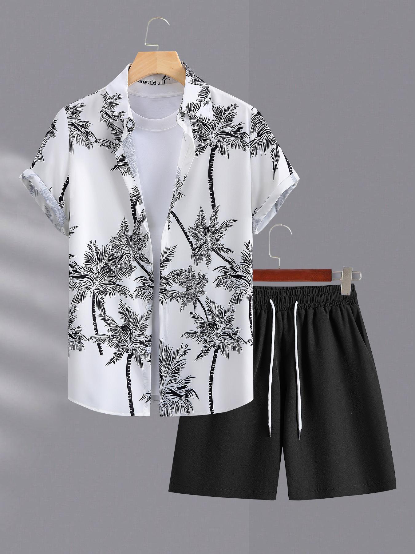 Men's Tropical Coconut Tree Print Shirt & Shorts Set, Regular Fit Casual Short Sleeve Button Up Top & Drawstring Waist Shorts, Men's Summer Outfits