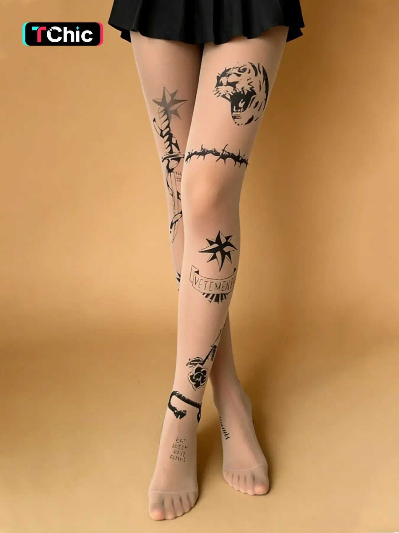 Women's Peach Color Stockings Tights, Tattoo Style Print, Soft and Lightweight, All-Day Comfort, Trendy and Elegant, Mid Waist, Sexy Style, Piece