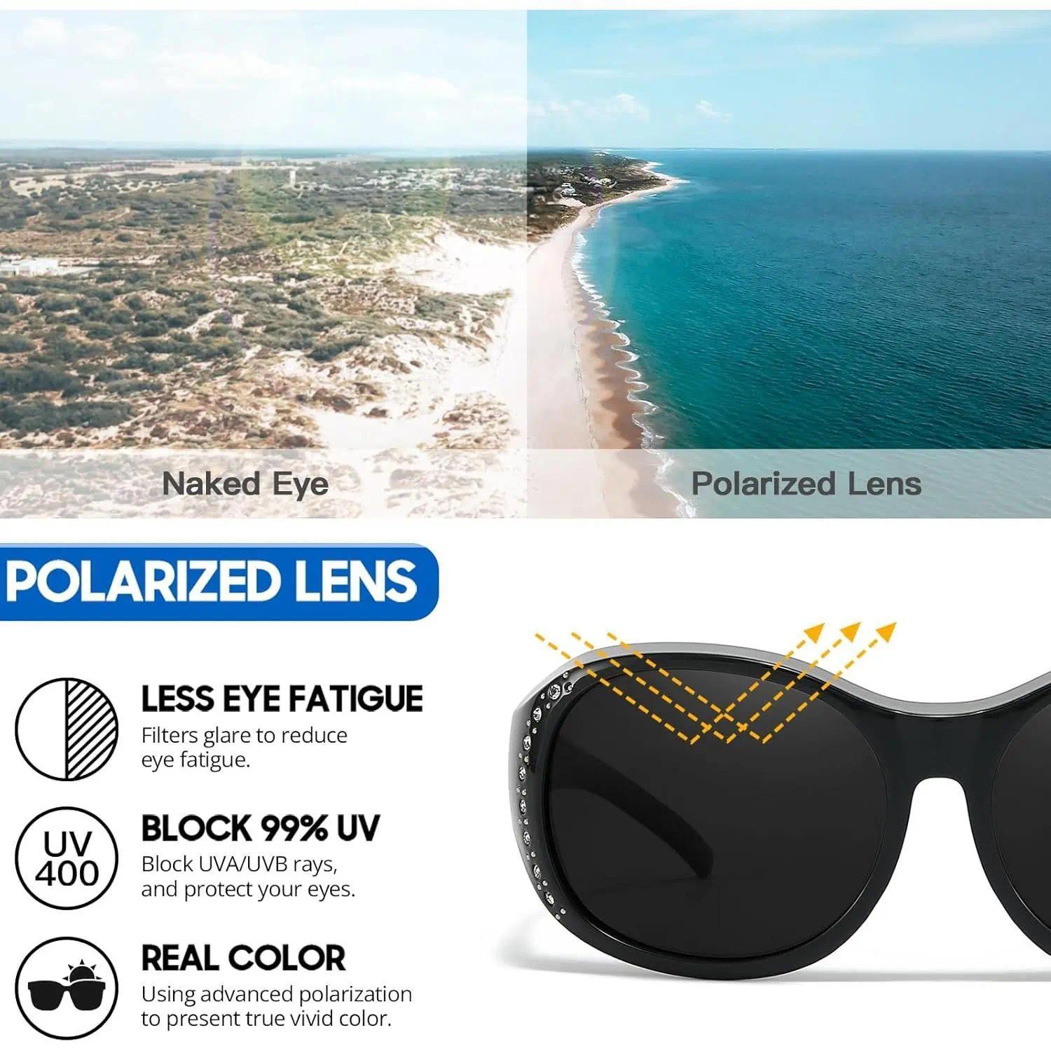 Good osierds Women's Polarized Fit Over Sunglasses with Rhinestones, Oversized UV400 Anti-Glare Shades for Prescription Glasses, Summer Driving Road Trip Wrap Around Bling Eyewear Beach Vacation