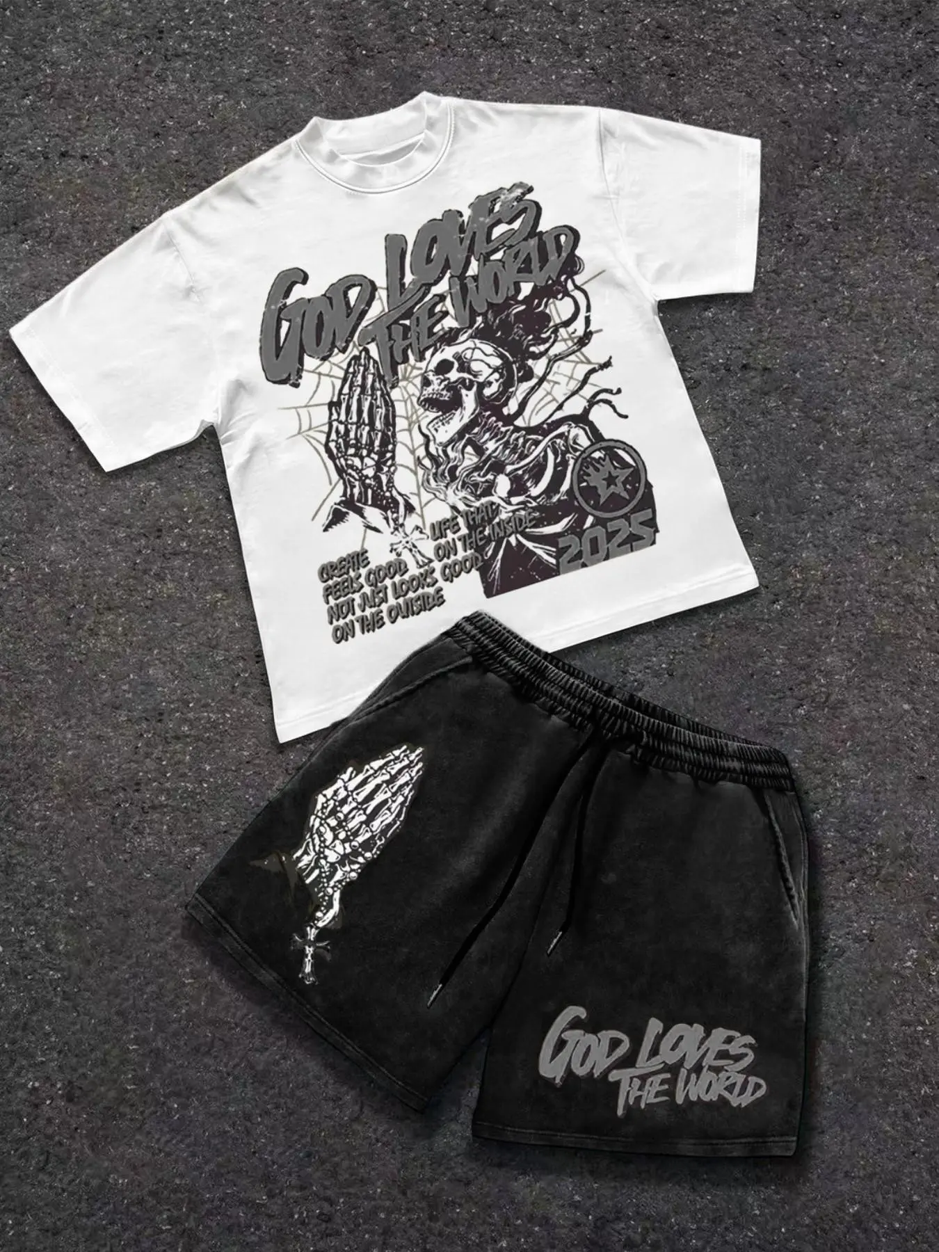 Men's Summer Set, Letter Skull Graphic Print Round Neck Casual Short Sleeve T-Shirt + Skull Hand Print Drawstring Cotton Shorts Set