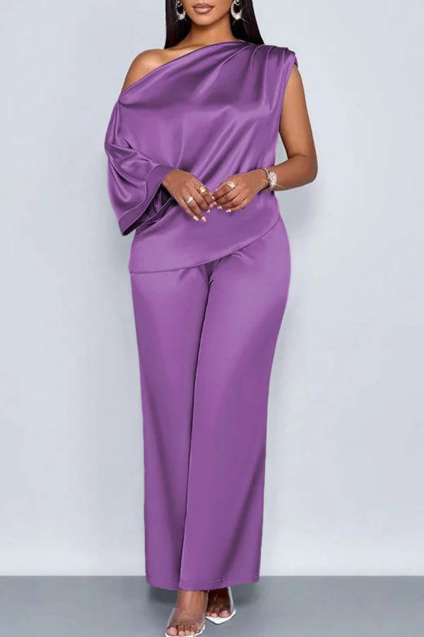 Summer Casual Women's Satin Suit with Asymmetrical Collar, Short-Sleeved Top and Long Pants Set