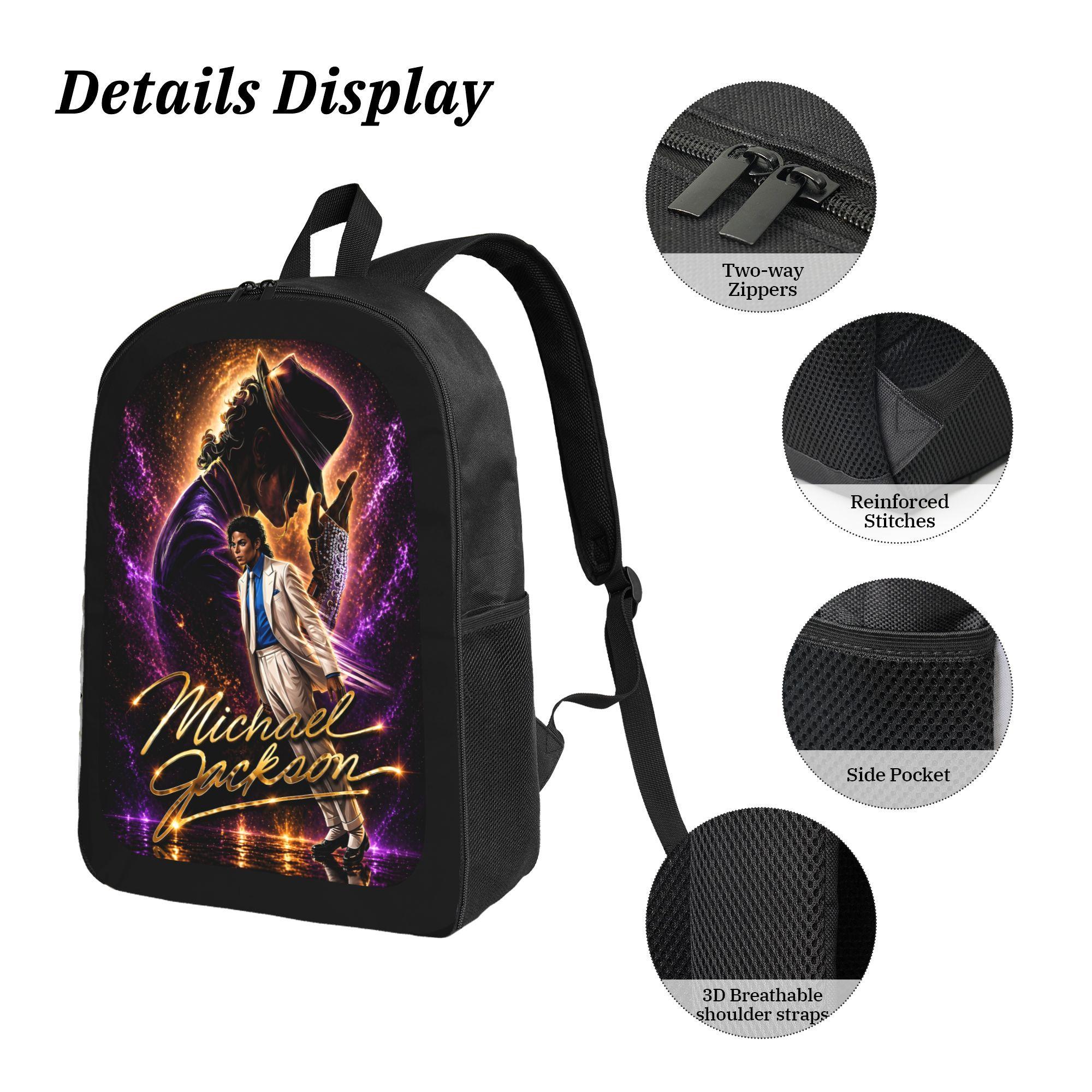 3-Piece Backpack Set, Michael Jackson Themed School Bookbag for Teen Music Fans with Lunch Bag & Pencil Case, Casual Travel Daypack