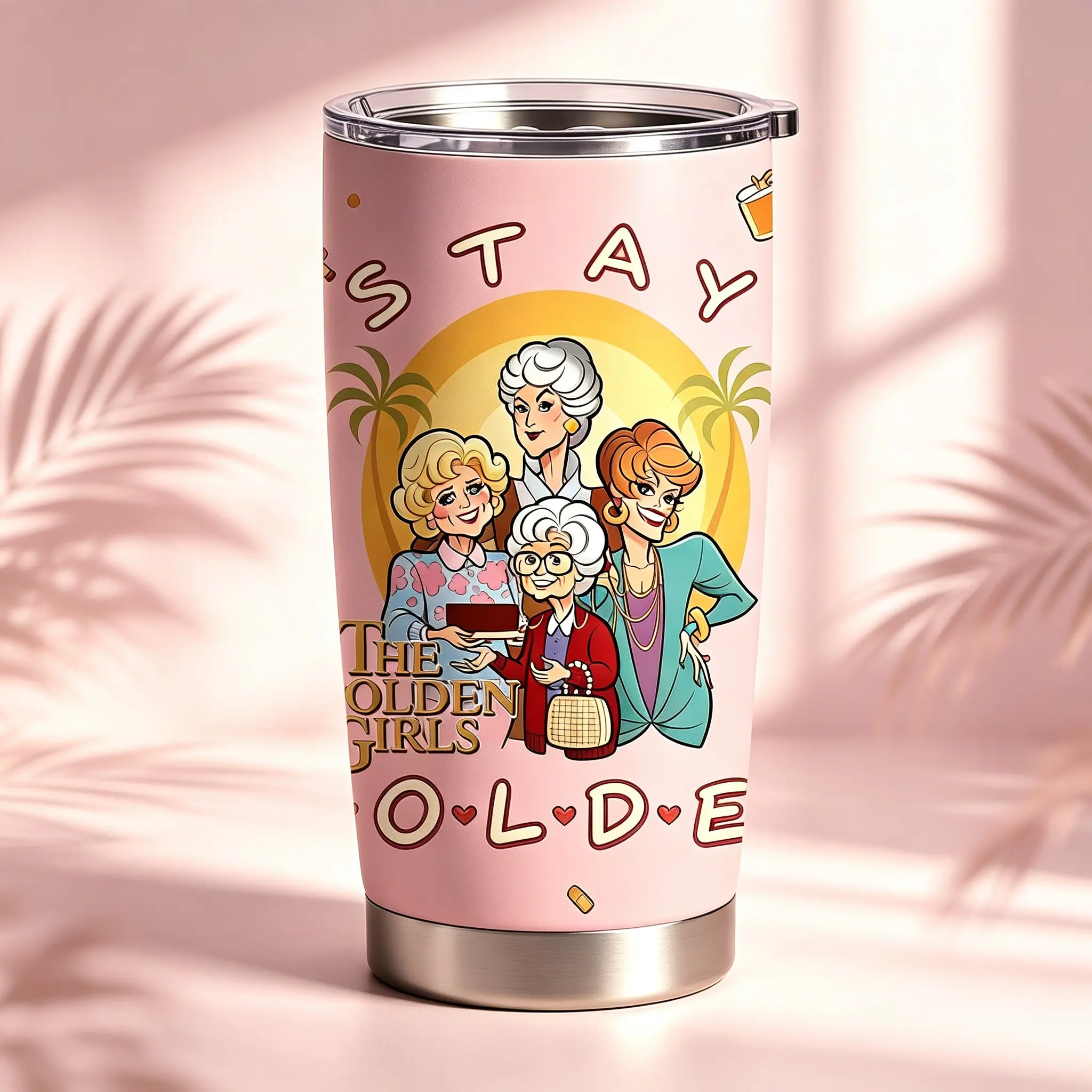 1 Pc 20oz Golden Girls Stainless Steel Tumbler Drinkware with Lid, Insulated Tumblers, Insulation, Pink Retro TV Show Travel Mug, Double Wall Vacuum Insulated Cup for Coffee Water Tea, Keeps Hot 12H Cold 24H, Gift for Women Mom Grandma Fans