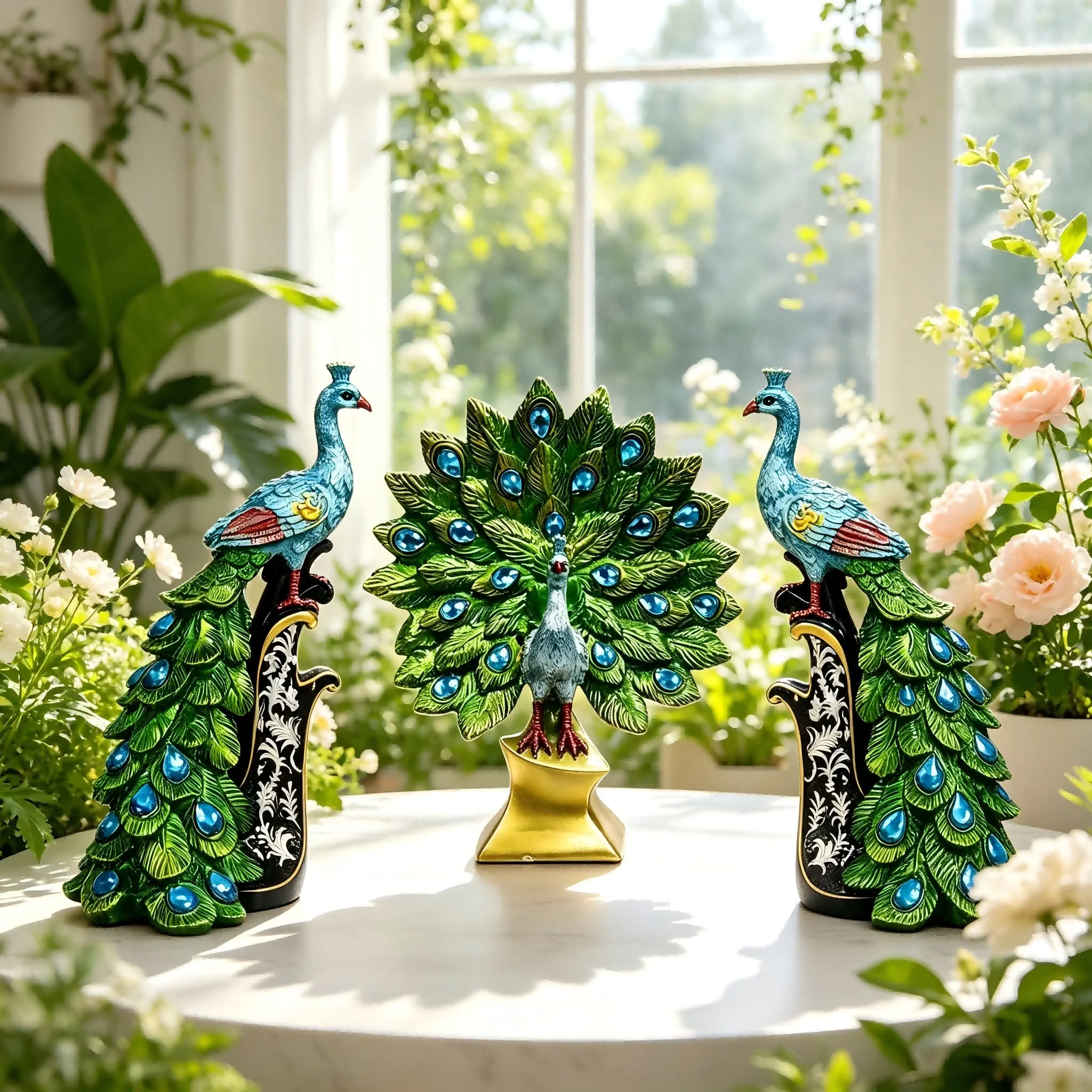 Three-Piece Peacock Ornament Set, Luxury Resin Peacock Decor, Home Entrance Decoration, Lucky Opening Peacock, Gift for New Homes