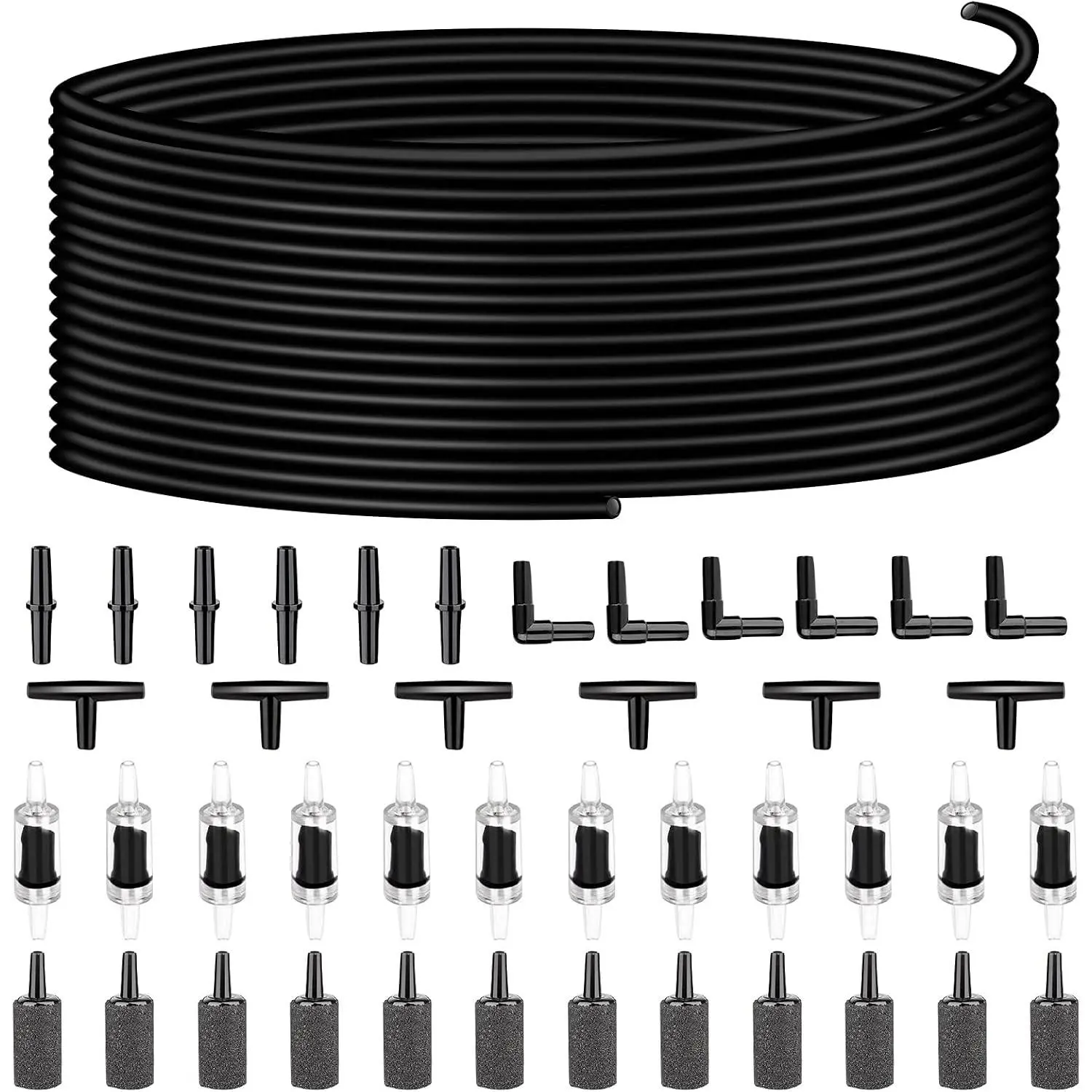 Aquarium Air Pump Accessories Set Includes Airline Tubing Hose Check Valves Air Stones and I/L/T Shape Connectors Multiple Sizes Available