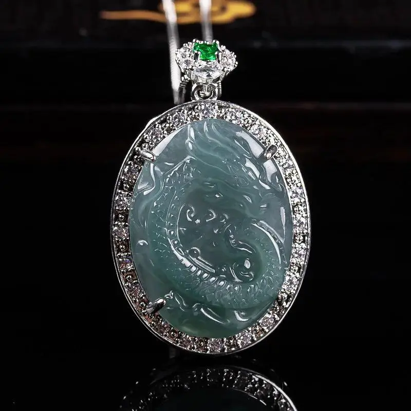 Real Jade Pendant Necklace with Carved Dragon Motif, 35x20mm Myanmar Jadeite Amulet on a 925 Silver Chain, Unisex Jewelry Gift, Amulet Pendant, Unisex Gift