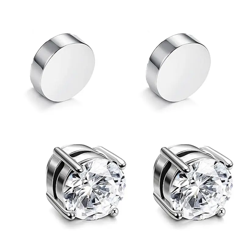 Stainless Steel Magnetic Stud Earrings for Men Women Non-piercing CZ Hypoallergenic