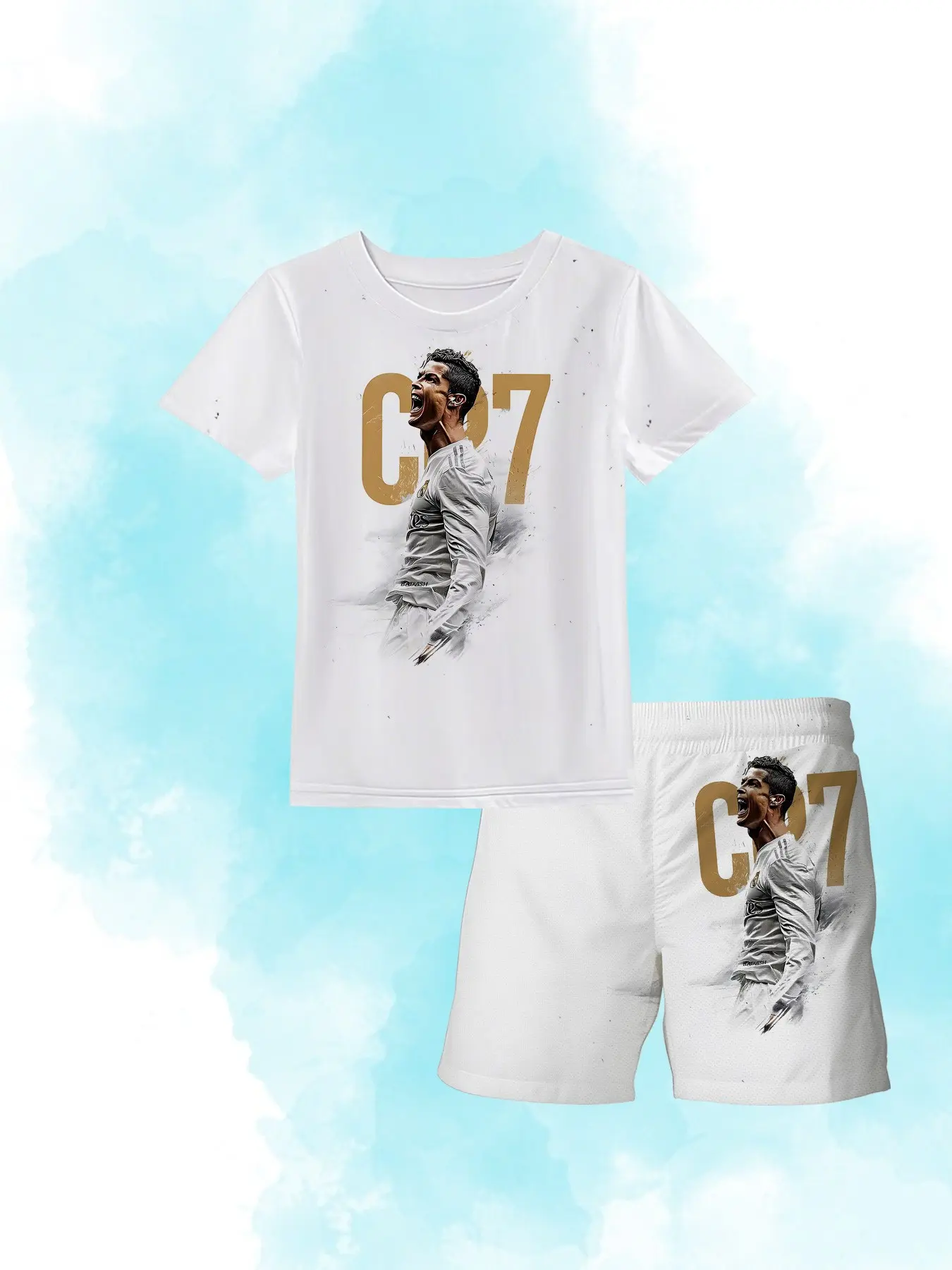 Memorial Edition Gold Trim Ronaldo Madrid Short Sleeve Set, Breathable Quick-Dry Boys' Soccer Training Suit, Casual School