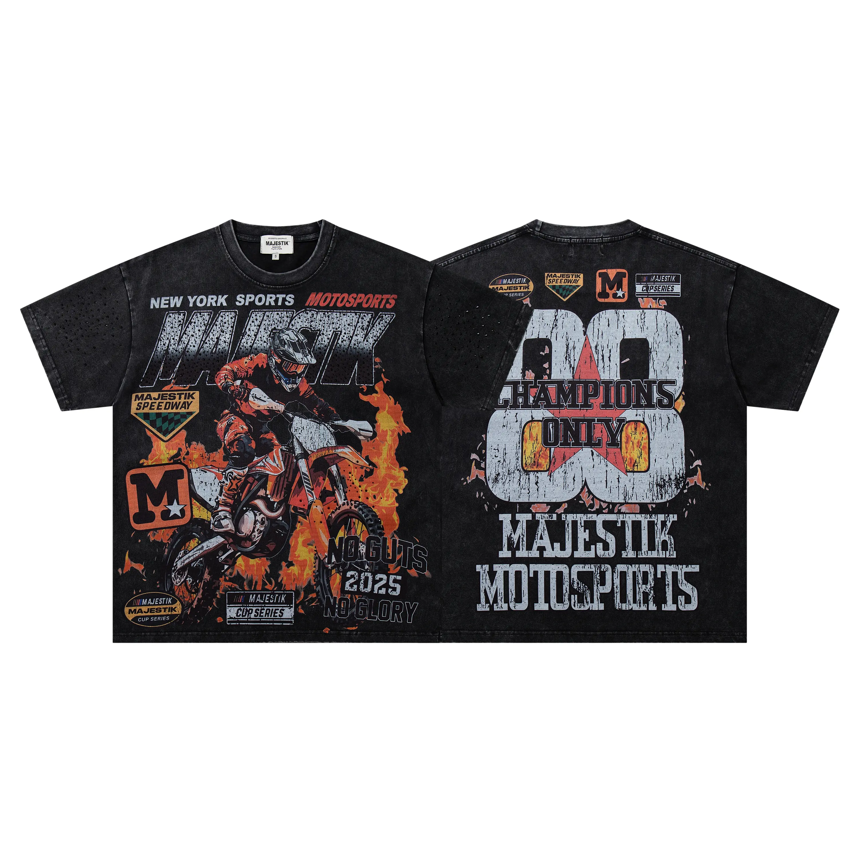 MAJESTIK Unisex Oversized Vintage Washed Black T-Shirt, Retro Dirt Bike Motosports 88 Champions Graphic Short Sleeve Top, American 90s Y2K Hip Hop Streetwear, Distressed Faded Fabric, Perforated Sleeve Detail, Moisture Wicking Heavyweight Tee For 2026 Coa